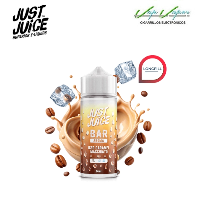 AROMA Iced Caramel Macchiato 24ml Longfill (en botella de 120ml) Just Juice Bar (Caramelo, espresso, frescor)